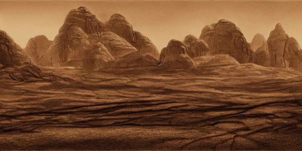 Prompt: a realistic sepia - toned photorealistic painting of wadi rum at night, dark, brooding, atmospheric, lovecraft