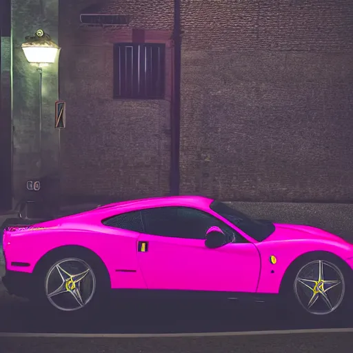 Image similar to a photograph of a pink ferrari parked in a parking spot at night with the lights on