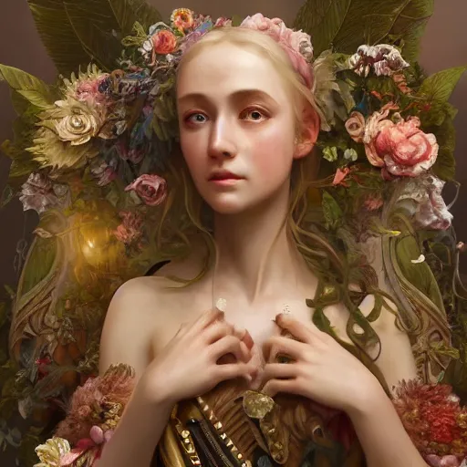 Image similar to baroque portrait of a steampunk bohemian nature nymph in a simple dress with floral decoration, cinematic lighting, photorealistic, octane render, 8 k, depth of field, 3 d, art by artgerm and greg rutkowski and alphonse mucha and uang guangjian