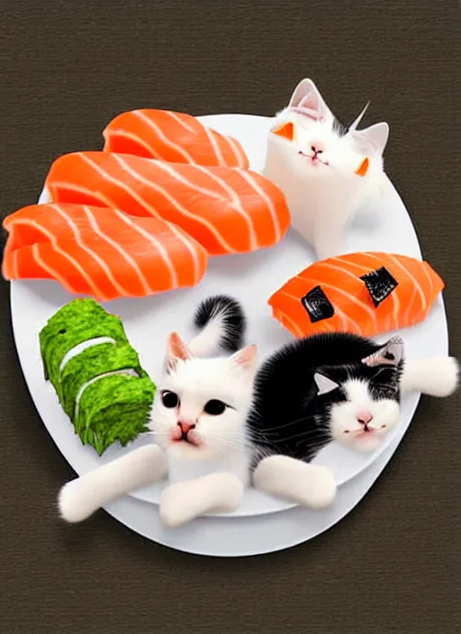 Image similar to clear photorealistic picture of adorable cats made out of sushi