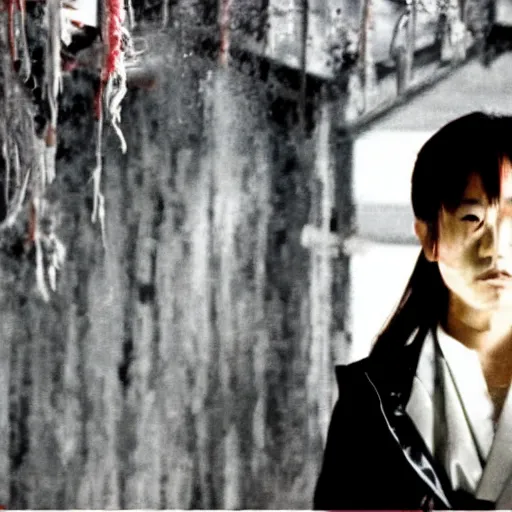 Prompt: film still of justin sun from kill bill, blood spattered chainsaw bride