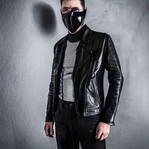 Prompt: photo of a man with a metal mask, green eyes and a black leather jacket, dramatic lighting