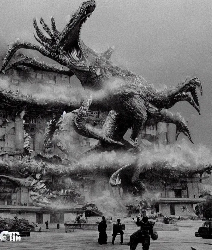 Image similar to a filmstill of a north korean monster movie, kaiju - eiga monster with starfish - arms trampling a traditional korean palace, foggy, film noir, epic battle, etheral, explosions, communist propaganda, communist epic thriller, by kim jong - il and akira kurosawa and tim burton, video compression