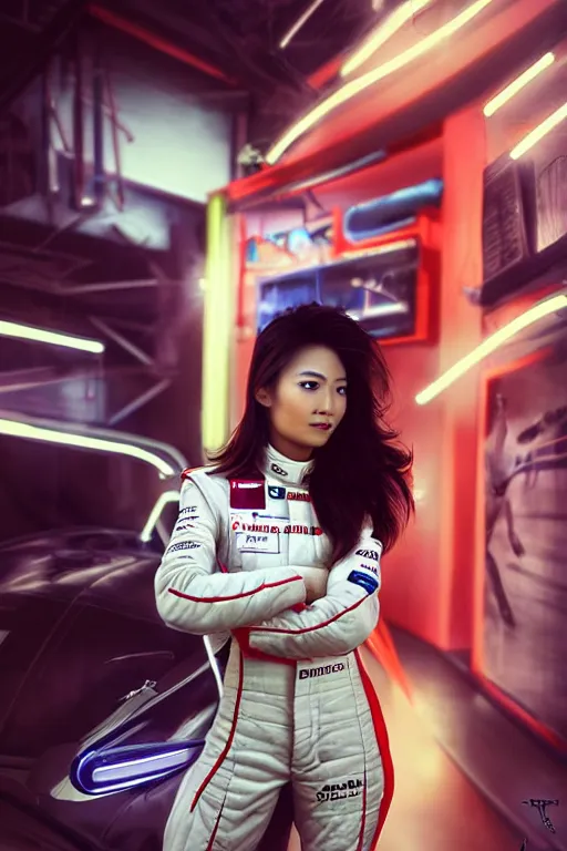 Prompt: portrait beautiful asian female formula one racer, wearing formula one racer uniform, at formula one racing car repair room, ssci-fi, fantasy, intricate, very very beautiful, elegant, human anatomy, neon light, highly detailed, digital painting, artstation, concept art, soft light, smooth, sharp focus, illustration, art by tian zi and WLOP and alphonse mucha