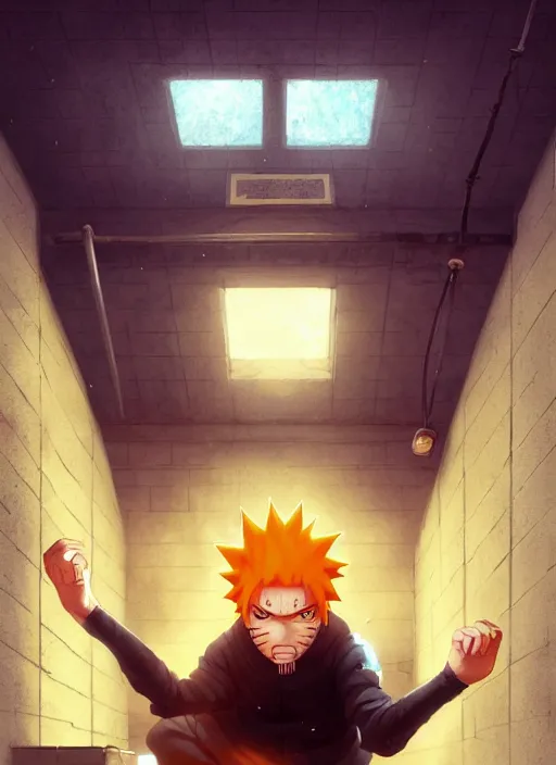 Image similar to highly detailed prison cell with naruto uzumaki with black hair, metal bars in window, powerfully hitting a wall, art by greg rutkowski, loish, rhads, ferdinand knab, makoto shinkai and lois van baarle, ilya kuvshinov, rossdraws, tom bagshaw, global illumination, radiant light, detailed and intricate environment