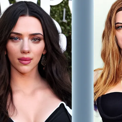 Image similar to a woman who is a genetic combination of kim kardashian and kat dennings and scarlett johansson and margot robbie and emma watson, face and upper - body focus