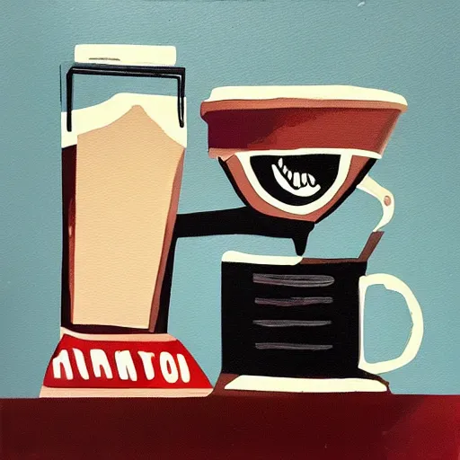 Image similar to a painting of a humanoid espresso machine that makes coffee from human souls