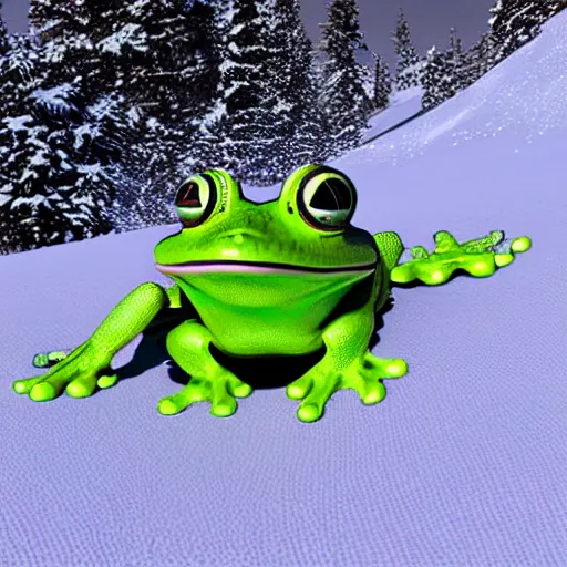 Image similar to 3 d octane frog character skiing down a mountain