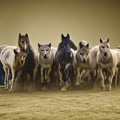 Image similar to wolf pack surrounding two horses at night