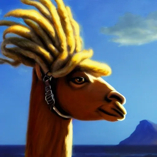 Image similar to llama with dreadlocks, realistic creature concept, heroic pose, by Edward Hopper, 4k, artstation