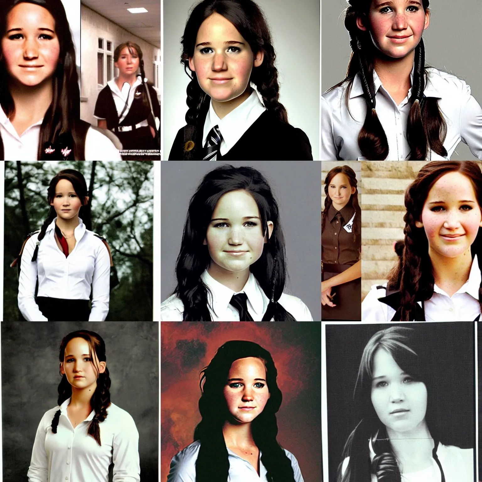 Prompt: high school yearbook photo of katniss everdeen, wearing a white shirt, tie, and black skirt, 2 0 0 9