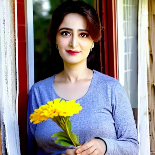 Image similar to a beautiful portrait of the turkish actress rabia soyturk, duy beni serial, sitting on the porch holding a flower, in front of the house