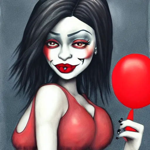 Prompt: grunge cartoon painting of kylie jenner with a wide smile and a red balloon by chris leib, loony toons style, pennywise style, corpse bride style, horror theme, detailed, elegant, intricate