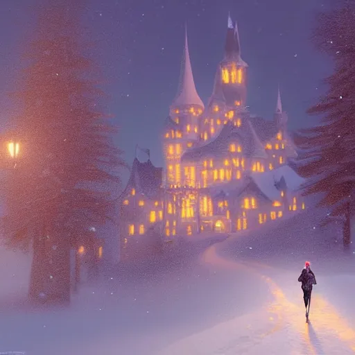 Image similar to woman running Evil castle in the snow, inspired by Evgeny Lushpin,George, greg rutkowski winter,nighttime,cinematic,art station