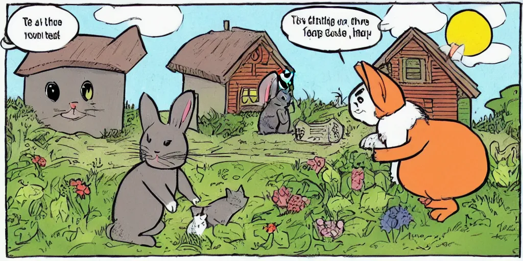 Image similar to anthropomorphic rabbit and cat dressed in cottagecore living in a cottage, the rabbit has a vegetable garden and the cat is fixing the roof, comic book art style, pictures in sequence, storyboarding, speech bubbles, colorized