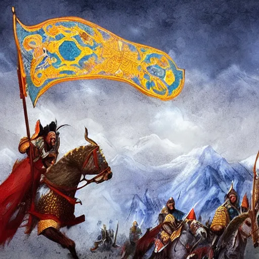 Prompt: Kazakh Khanate, medieval fantasy, landscape painting, digital painting, beautiful, Turkic flag, warriors