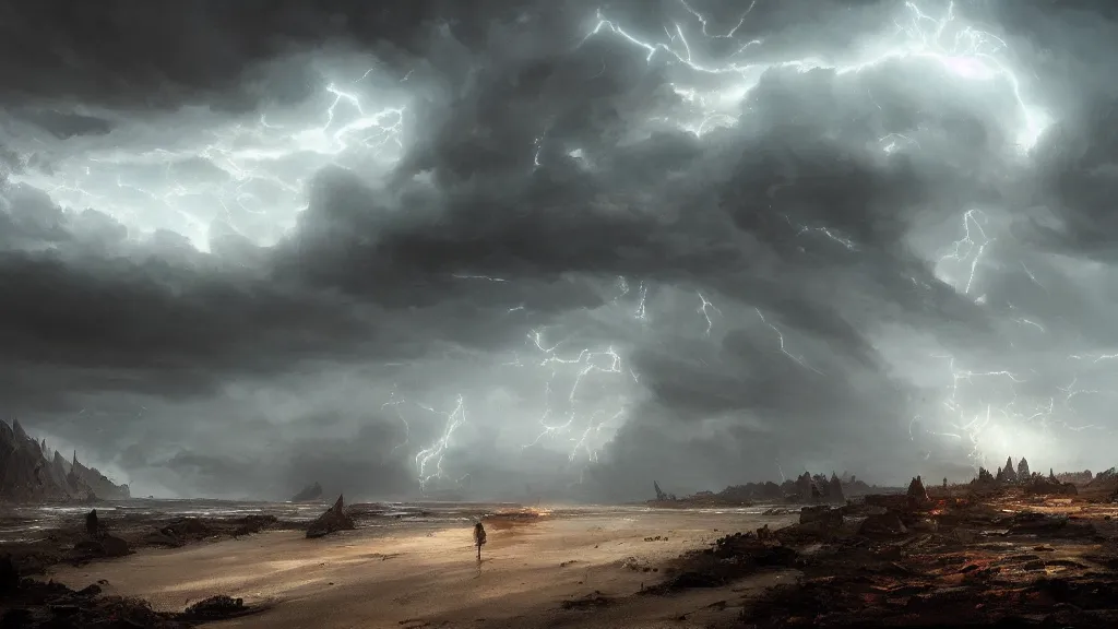 Image similar to epic storm by greg rutkowski the last tower. sand. lonely hero on lonely path trail. ominous. 3 8 4 0 x 2 1 6 0