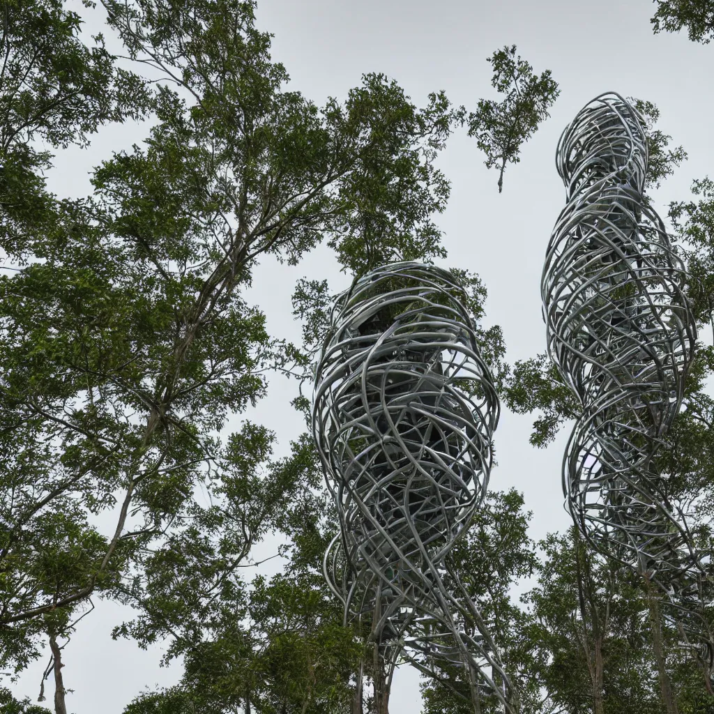 Image similar to hyper realistic, very high helix shaped observation tower made by metal in forest, wide angle shot, future design, extremely realistic, architecture design, parametric architecture, environment, sunset, foggy, cinematography, mega scans, cinematic, hyper realistic, photo real, cinematic composition, highly detailed,