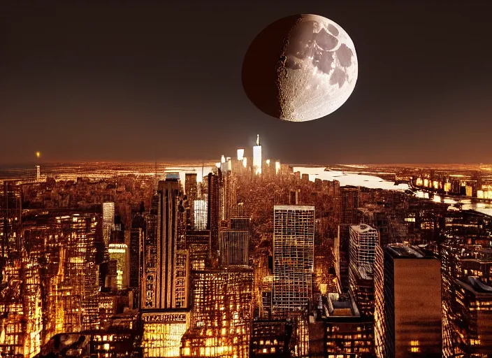 Prompt: film still of the moon shattering into pieces over manhatten in the new disaster movie, 8 k, night time
