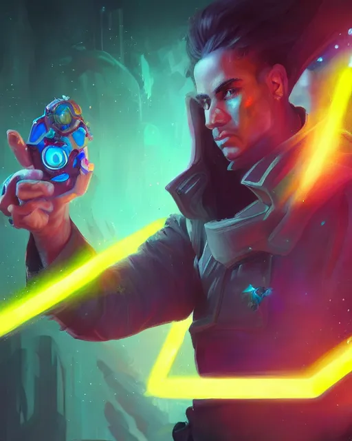 Prompt: A sorcerer wielding two Glock pistols, surrealism, smooth, intricate, elegant, galactic energy, power aura, neon glowing spells, digital painting, artstation, concept art, high tech fantasy, sharp focus, illustration, art by Jason Chan and Riot Studios and Blizzard Studios