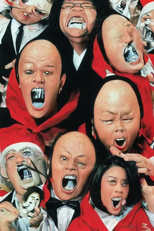 Image similar to coneheads, japanese vhs cover art, detailed facial expressions