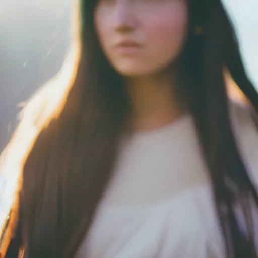 Image similar to a portrait photography of a woman with long hair. agfa vista 4 0 0 film. detailed. depth of field. cinematic. lens flare. grainy film. warm light.