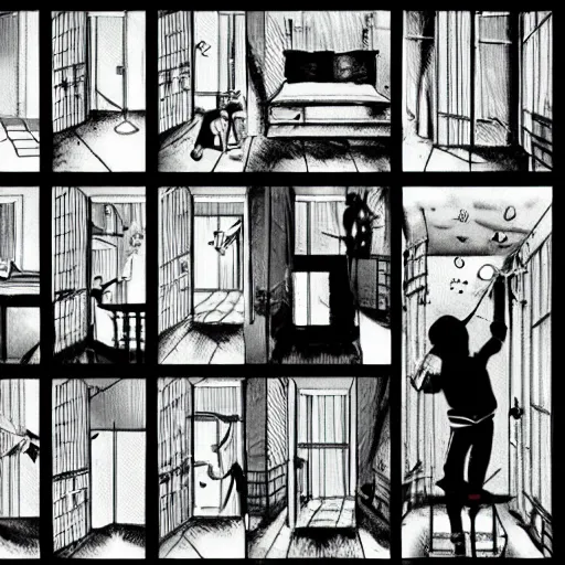 Image similar to neighbor drilling grid holes in a room, manga, black and white manga horror in style of junji ito, kentaro miura