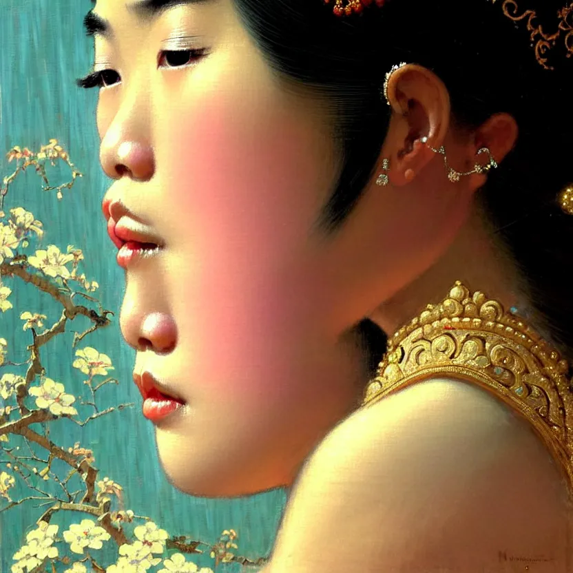Prompt: close up portrait of the elegantly beautiful, sophisticated, fashionable, slender, rich, wholesome, young vietnamese princess, imagining the rings of saturn. intricate eye detail focus, baroque, batik, by norman rockwell, range murata jeremy lipking, trending on pinterest, vivid 8 k sharp depth of field, pristine global illumination, smooth 3 d, wallpaper quality.