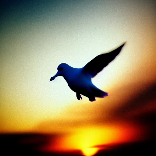 Image similar to Close-up realistic shot of a radiant white dove flying over the clouds at sunset, ethereal, vintage photograph, film grain, surreal, awe-inspiring, highly detailed, teal and orange color scheme