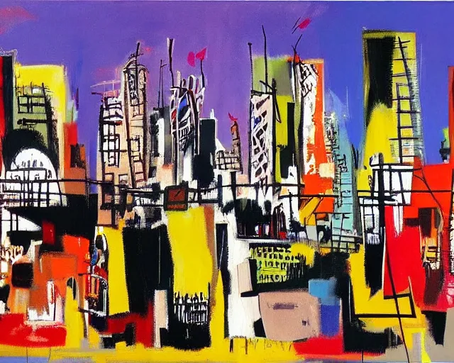 Image similar to painting of new york city skyline by graham sutherland, basquiat, neo - expressionism, muted colors!!!