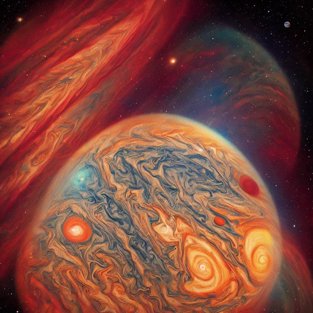 Prompt: A beautiful painting. Using data from a NASA exoplanet space telescope, scientists discovered a Jupiter-like world 379 light-years from Earth, orbiting a star similar to our Sun. synthwave, hygge, Roman by Jean Fouquet digital art