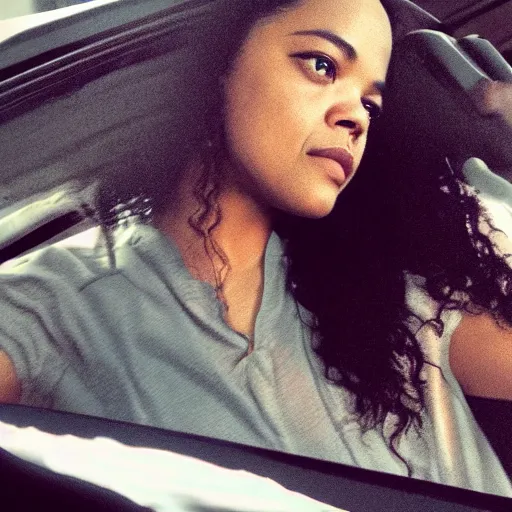 Image similar to photo of Tessa Thompson driving a car, digital art