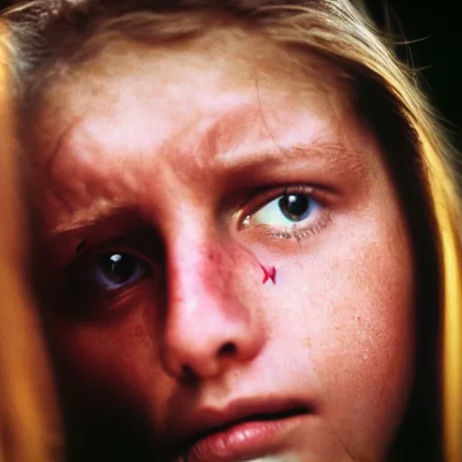 Image similar to a candid extreme closeup portrait of an expressive face of a scared young woman by annie leibovitz