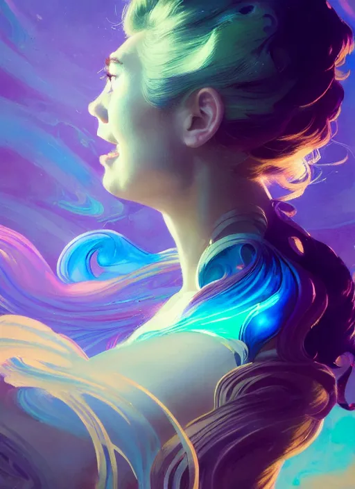 Image similar to side portrait, imogen poots, paladin, fantasy, gloomhaven, luminescent, organic painting, colorful swirly ripples, gaudy colors, by greg manchess, huang guangjian, gil elvgren, sachin teng, greg rutkowski, jesper ejsing, ilya kuvshinov