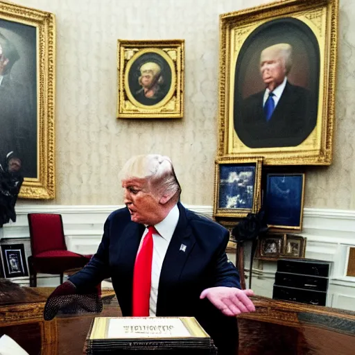 Prompt: donald trump eating papers titled top secret, photo realism, high detail, inside oval office,