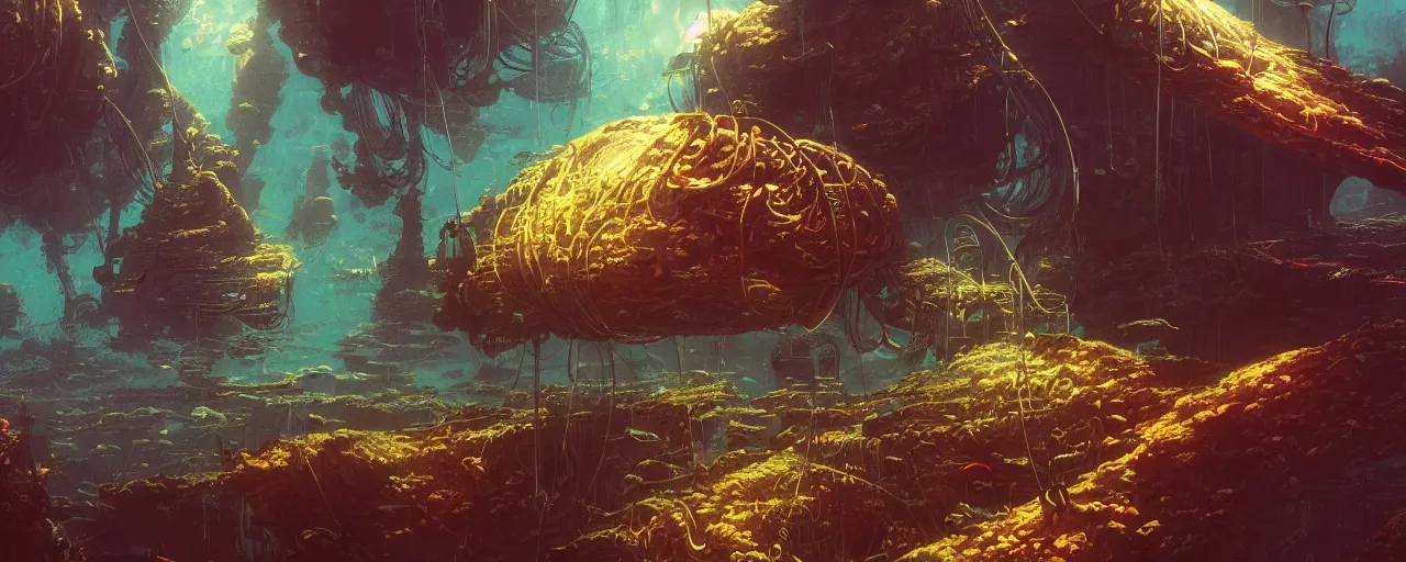 Image similar to ” underwater otherwordly landscape, [ cables, pods, deepsea, cinematic, detailed, epic, widescreen, opening, establishing, mattepainting, photorealistic, realistic textures, octane render, art by slop and paul lehr ] ”