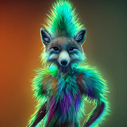 Prompt: realistic bipedal fox character, long fluffy fur, full skull shaped face mask, mage clothes based on a peacock, 9 peacock tails, painting by genndy tartakovsky, stylized, vhs effect, 8 0 s commercial, dnd beyond, chromatic aberration, fae, neon