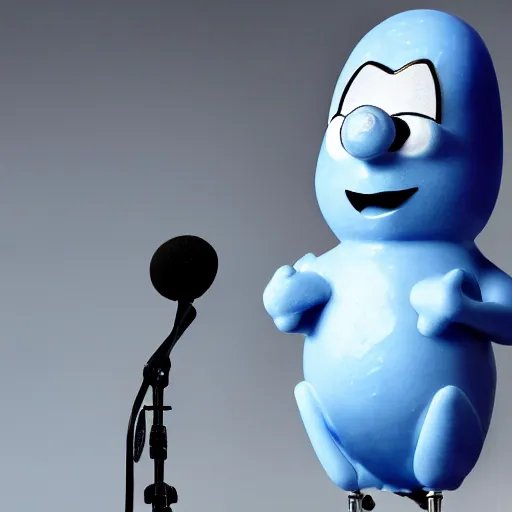 Image similar to a small smooth blue creature in the shape of a sausage stands on a huge microphone on the stage
