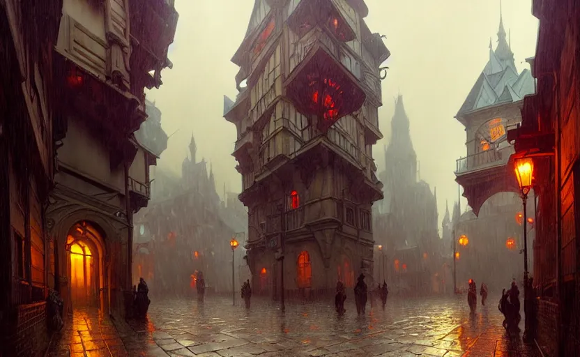 Image similar to an old medieval city with rainy atmosphere and moody and cinematic lighting by alphonse mucha, simon stalenhag and darek zabrocki, cinematic and atmospheric, concept art, artstation, trending on artstation