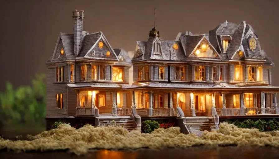 Image similar to photorealistic claymation art of a victorian house on top of a floating island, elegant, candle lighting, extremely detailed, realistic, art galery