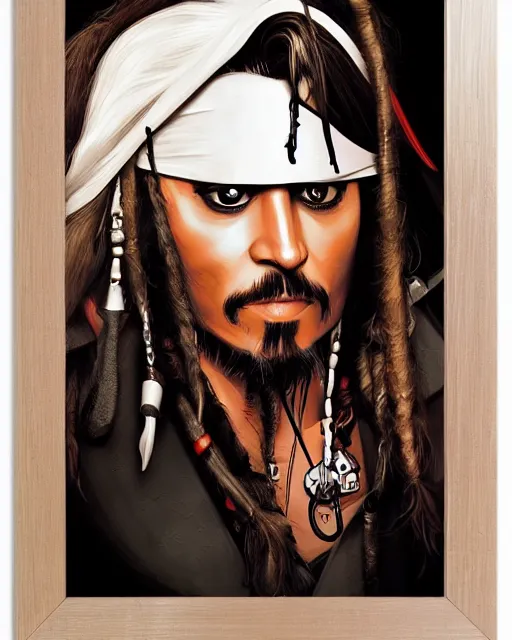 Image similar to a detailed poster in white frame hanging on the wooden wall, portrait of captain jack sparrow, in the style of ilya kuvshinov, rossdraws, wlop