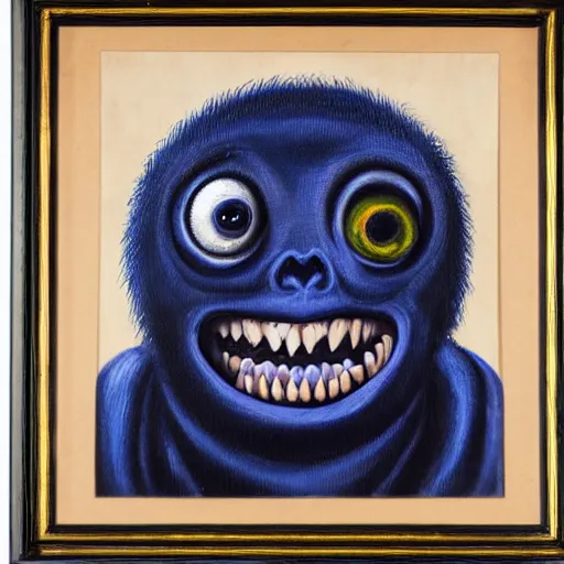 Prompt: A portrait of a monster that has a big eye ball instead of a head, dark, blue light, black gradient background, oil painting