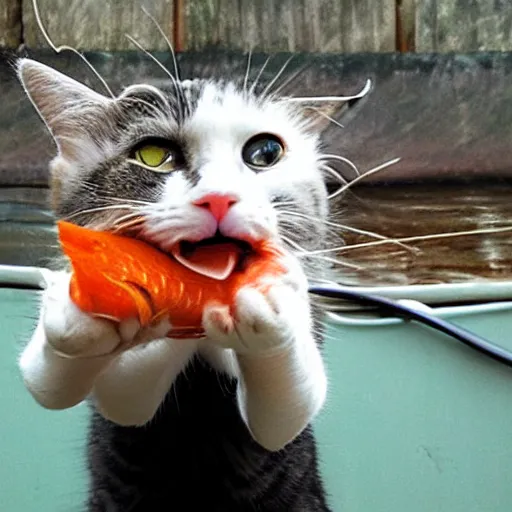 Prompt: cat holding fish in his mouth