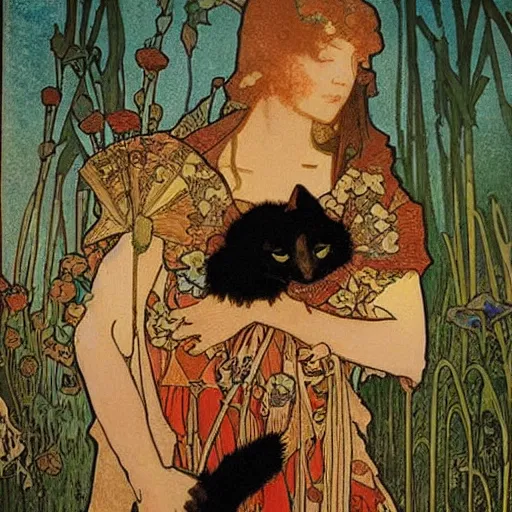 Image similar to a masterpiece painting by mucha exposed at the louvre : black cat cuddling a racoon in a poppy field with a red sunset in the background