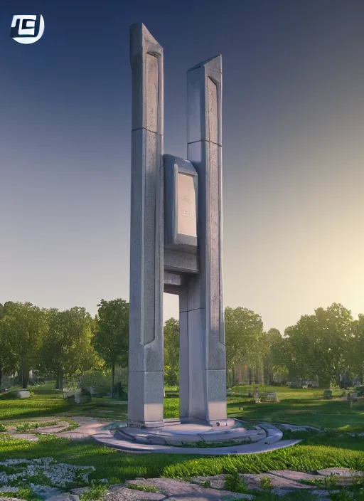 Image similar to highly detailed realistic architecture 3 d render of a futuristic stele monument in frank lloyd wright style standing in city park, archdaily, made in unreal engine 4 octane render