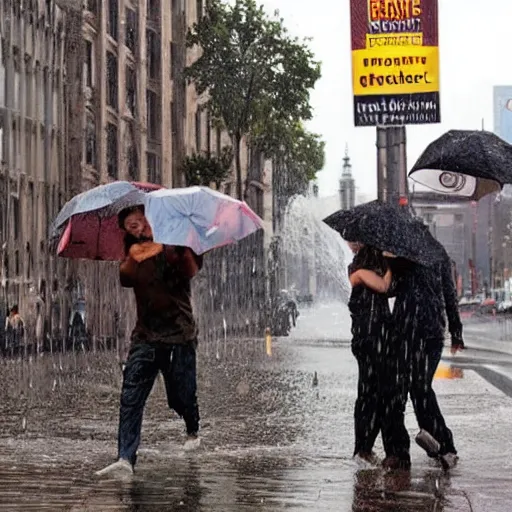 Prompt: people on street get wet of chocolate liquid rain, flooded with 🍫