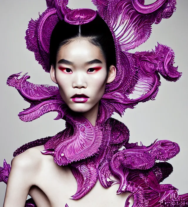 Image similar to photography american portrait of stunning model ming xi. great hair style,, half in shadow, natural pose, natural lighing, rim lighting, wearing an ornate stunning sophistical fluid dress and hat iris van herpen, colorfull newbaroque extreme makeup by benjamin puckey, highly detailed, skin grain detail, photography by paolo roversi