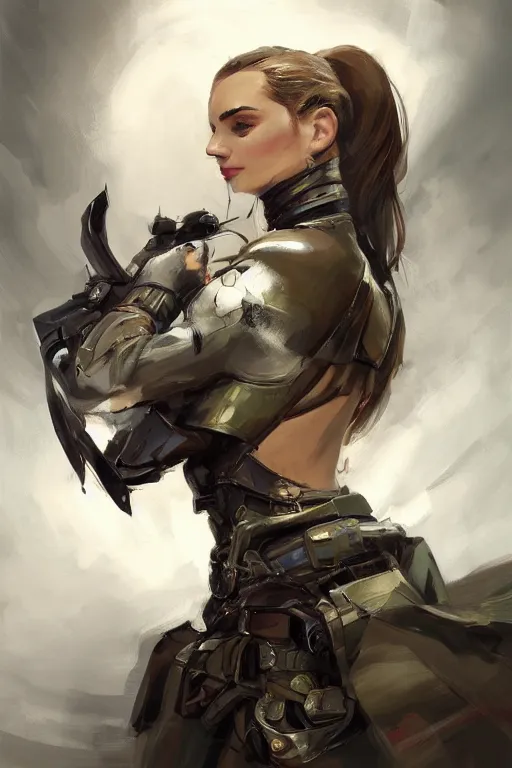 Image similar to a professionally painted portrait of an attractive young woman, clothed in military armor, olive skin, long dark hair, beautiful bone structure, symmetrical facial features, intricate, elegant, digital painting, trending on Artstation, concept art, smooth, sharp focus, illustration, from Metal Gear by Ruan Jia and Mandy Jurgens and Artgerm and William-Adolphe Bouguerea, award winning