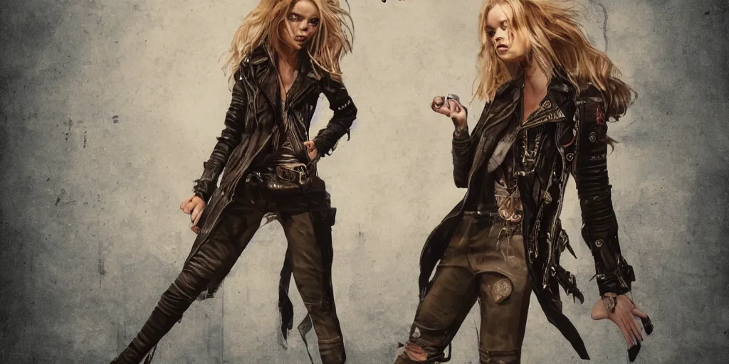 Image similar to samara weaving as a wanderer with tattooed arms and legs wearing a scratched leather and ripped aviator leather jeans, wearing a short black jacket with rusty medals on it, character sheet, head details, props, concept design, contrast, kim jung gi, greg rutkowski, trending on artstation, full body, turnaround, ultra wide angle, pincushion lens effect