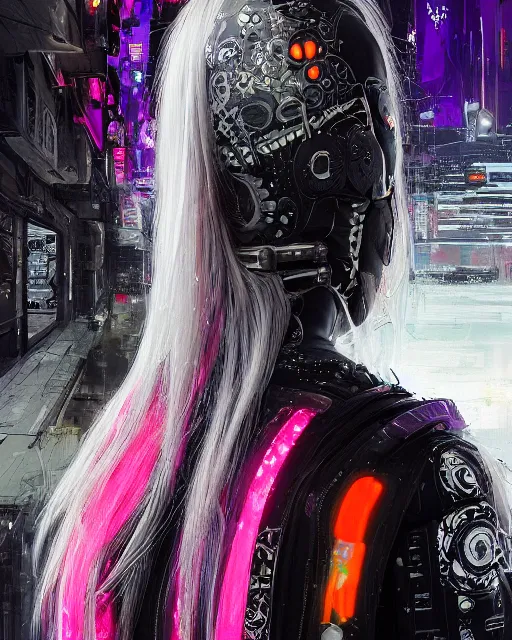 Image similar to detailed portrait Neon guard woman with long straight blonde hair seen from the back, cyberpunk futuristic, reflective puffer jacket, black leggings, decorated with traditional ornaments in front of a dystopian crowd with piles of garbage by Ismail inceoglu dragan bibin hans thoma, Perfect face, fine details, realistic shaded, fine-face, pretty face